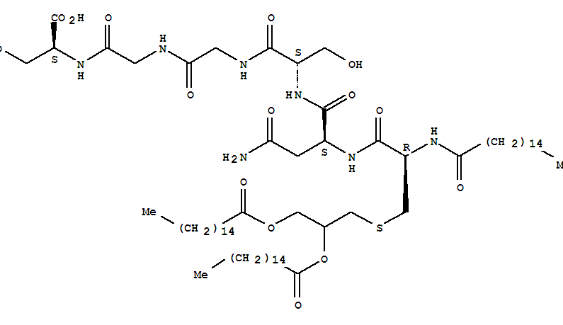 S-[2,3-bis(hexadecanoyloxy)propyl]-N-hexadecanoyl-L-cysteinyl-L-asparaginyl-L-serylglycylglycyl-L-serine molecular structure