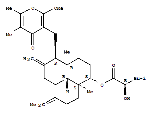 Pentanoic acid,2-hydroxy-4-methyl-,(1S,2S,4aR,5R,8aR)-decahydro-5-[(2-methoxy-5,6-dimethyl-4-oxo-4H-pyran-3-yl)methyl]-1,4a-dimethyl-6-methylene-1-(4-methyl-3-penten-1-yl)-2-naphthalenylester, (2R)- molecular structure
