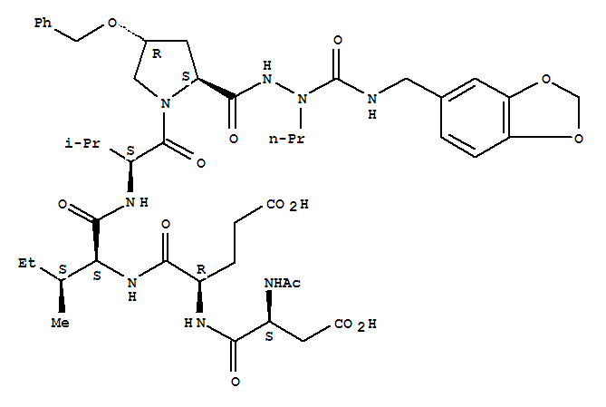 (4R)-4-{[(2S)-2-(acetylamino)-3-carboxypropanoyl]amino}-5-{[(2S,3S)-1-({(2S)-1-[(2S,4R)-2-({2-[(1,3-benzodioxol-5-ylmethyl)carbamoyl]-2-propylhydrazinyl}carbonyl)-4-(benzyloxy)pyrrolidin-1-yl]-3-methyl-1-oxobutan-2-yl}amino)-3-methyl-1-oxopentan-2-yl]amin molecular structure