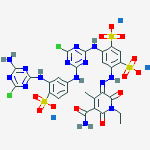 1,3-BENZENEDISULFONIC ACID 4-[[5-(AMINOCARBONYL)-1-ETHYL-1,6-DIHYDRO-2-HYDROXY-4-METHYL-6-OXO-PYRIDIN-3-YL]AZO]-6-[[4-[[3-[(4-AMINO-6-CHLORO-1,3,5-TRIAZIN-2-YL)AMINO]-4-SULFOPHENYL]AMINO]-6-CHLORO-1,3,5-TRIAZIN-2-YL]AMINO]-,TRISODIUM SALT molecular structure