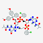 3'-Guanylic acid, 5'-O-[bis(4-methoxyphenyl)phenylmethyl]-P-(2-chlorophenyl)-2'-deoxy-N-(2-methyl-1-oxopropyl)guanylyl-(3'→5')-2'-deoxy-N-(2-methyl-1-oxopropyl)-, 2-chlorophenyl 2-cyanoethyl ester molecular structure