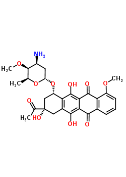 (1S,3S)-3-acetyl-3,5,12-trihydroxy-10-methoxy-6,11-dioxo-1,2,3,4,6,11-hexahydrotetracen-1-yl 3-amino-2,3,6-trideoxy-4-O-methyl-alpha-L-lyxo-hexopyranoside molecular structure