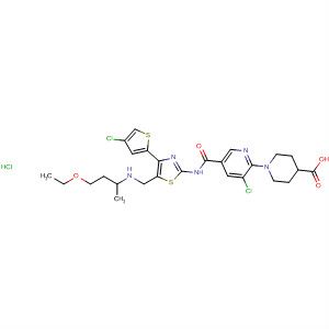 4-Piperidinecarboxylic acid,1-[3-chloro-5-[[[4-(4-chloro-2-thienyl)-5-[[(2-ethoxyethyl)ethylamino]methyl]-2-thiazolyl]amino]carbonyl]-2-pyridinyl]-, monohydrochloride molecular structure