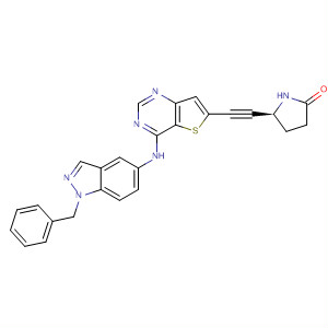 2-Pyrrolidinone,5-[[4-[[1-(phenylmethyl)-1H-indazol-5-yl]amino]thieno[3,2-d]pyrimidin-6-yl]ethynyl]-, (5S)- molecular structure