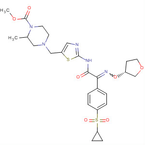 1-Piperazinecarboxylic acid,4-[[2-[[2-[4-(cyclopropylsulfonyl)phenyl]-2-[[[(3R)-tetrahydro-3-furanyl]oxy]imino]acetyl]amino]-5-thiazolyl]methyl]-2-methyl-, methyl ester, (2S)- molecular structure
