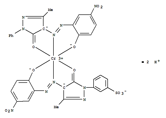 Chromate(2-), (3-(4,5-dihydro-4-((2-hydroxy-5-nitrophenyl)azo)-3-methyl-5-oxo-1H-pyrazol-1-yl)benzenesulfonato(3-))(2,4-dihydro-4-((2-hydroxy-5-nitrophenyl)azo)-5-methyl-2-phenyl-3H-pyrazol-3-onato(2-))-, dihydrogen molecular structure