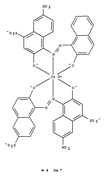 Tetrasodium (3-hydroxy-4-((2-hydroxy-1-naphthyl)azo)-7-nitronaphthalene-1-sulphonato(3-))(3-hydroxy-4-((2-hydroxy-6-sulpho-1-naphthyl)azo)-7-nitronaphthalene-1-sulphonato(4-))chromate(4-) molecular structure